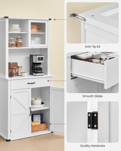 VASAGLE 71" Pantry Cabinet with Lights and Charging Station, Kitchen Pantry Cabinet with Doors and Drawer, Farmhouse Storage Cabinet, Coffee Bar VASAGLE
