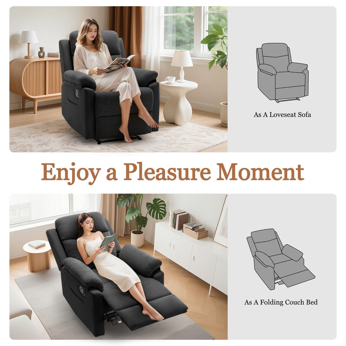 Recliner Chair for Adults, Small Recliner Chair for Small Spaces, Upholstered Corduroy Manual Recliner with Side Pockets, Reclining Chair for Living Room, Nursery, Black Korser