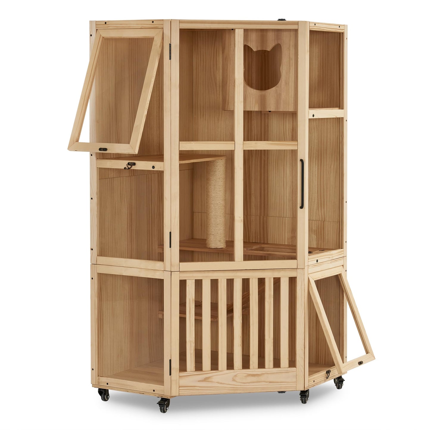 MCombo Large Corner Cat House Villa, Wooden Indoor Cat Enclosure with Scratching Post, Multi-Feature Enclosed Cat Cages with Escape Doors, Wood Cat Condo with Wheels CT96 - WoodArtSupply