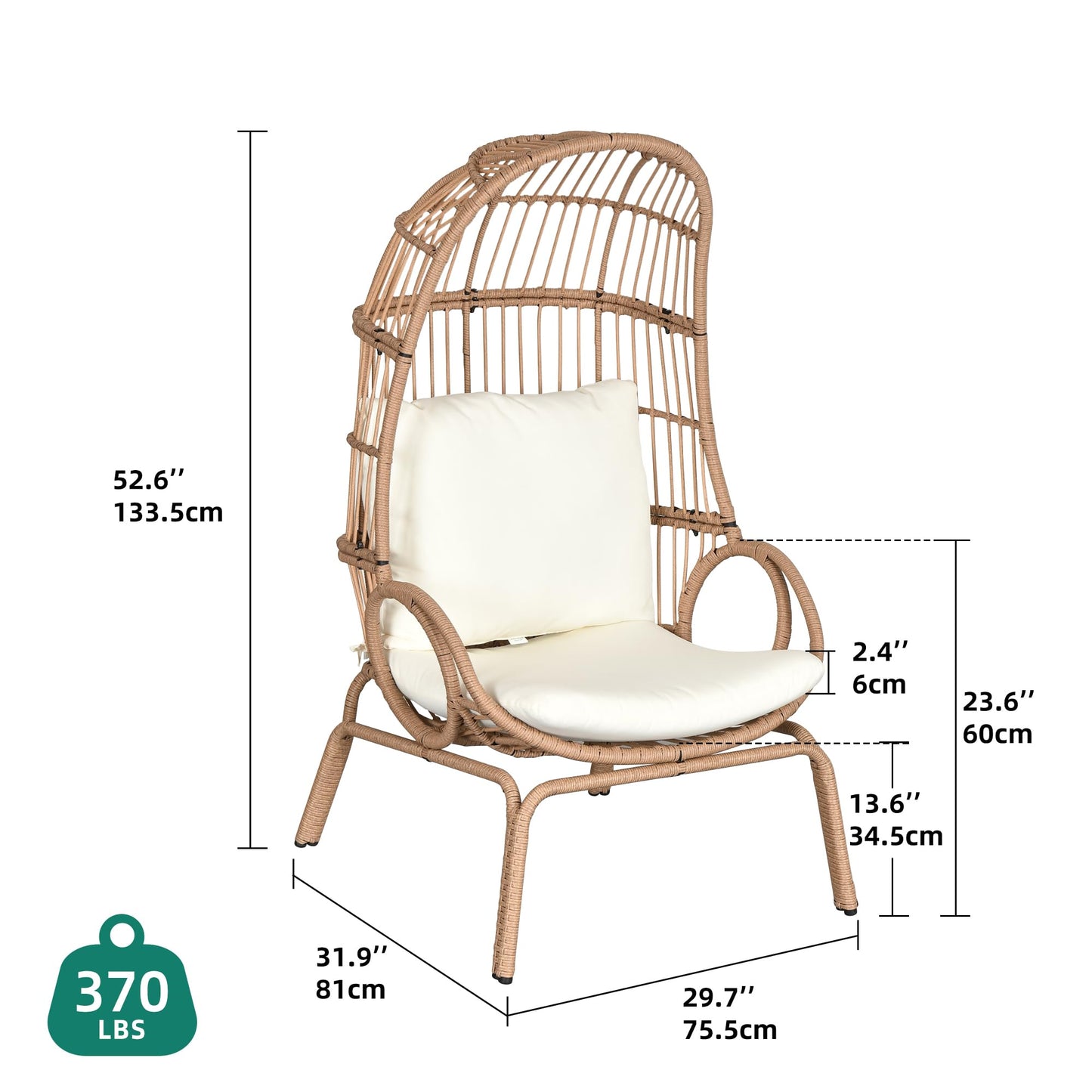 YITAHOME Outdoor Narrow Egg Chair Wicker, Patio Rattan Basket Chair with 370lbs Capacity Indoor Egg Chairs with Stand & Cushion Cocoon Chair for Bedroom, Patio, Balcony - Beige