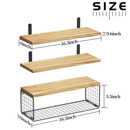 Szkiuqe 2-in-1 Floating Shelves, Bathroom Shelves with Storage Basket, Wall Mounted Rustic Wood Shelves, Farmhouse Wall Decor for Bedroom, Kitchen, Living Room and Plants - Light Brown