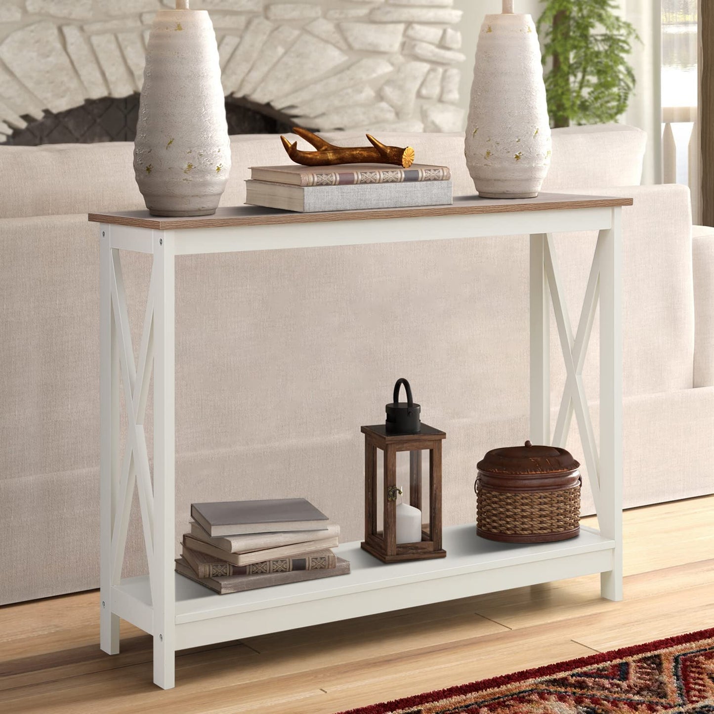 Sophia & William Console Table with Storage Shelf, 2 Tier Farmhouse Sofa Table for Entryway, Hallway, Living Room, Ivory+Oak