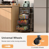 4-Tier Fruit Vegetable Storage Cart - Kitchen Organizer and Storage Cart with Wheels, Wooden Top Metal Wire Fruit Vegetable Rack Stand with Drawers to Storage Onions Potatoes Cans Snacks for Kitchen Yociyoga