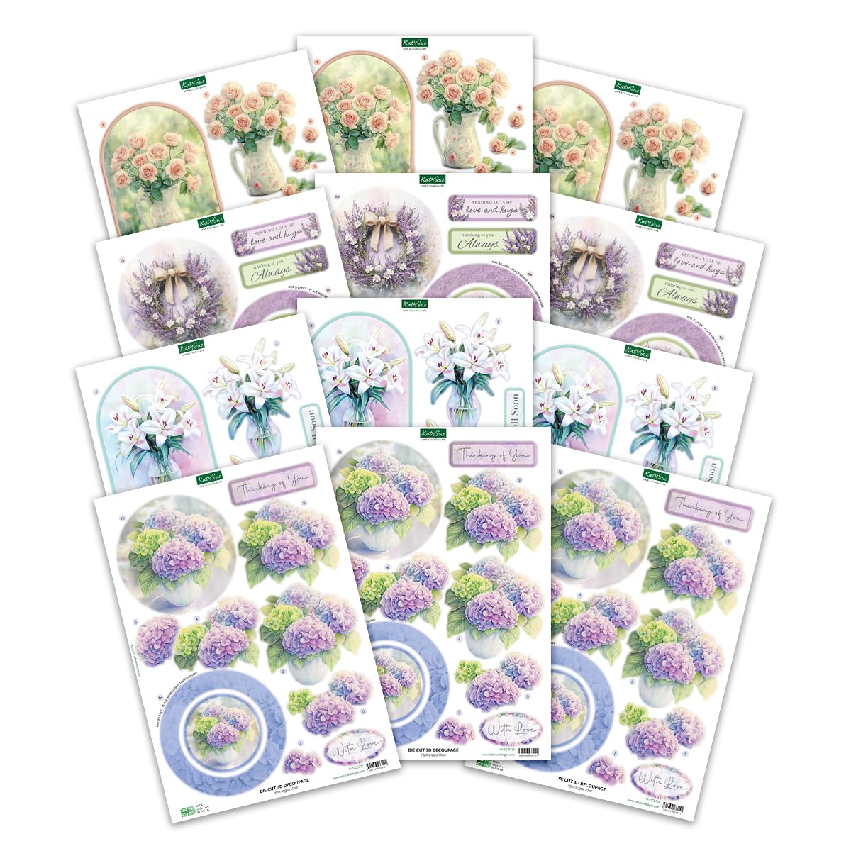 Katy Sue Designs Thinking of You 3D Die Cut Decoupage Collection for Card Making Supplies. Contains 12 Sheets of Katy Sue Die Cut Decoupage Featuring Lavender, Lillies, Hydrangea, and Roses Katy Sue