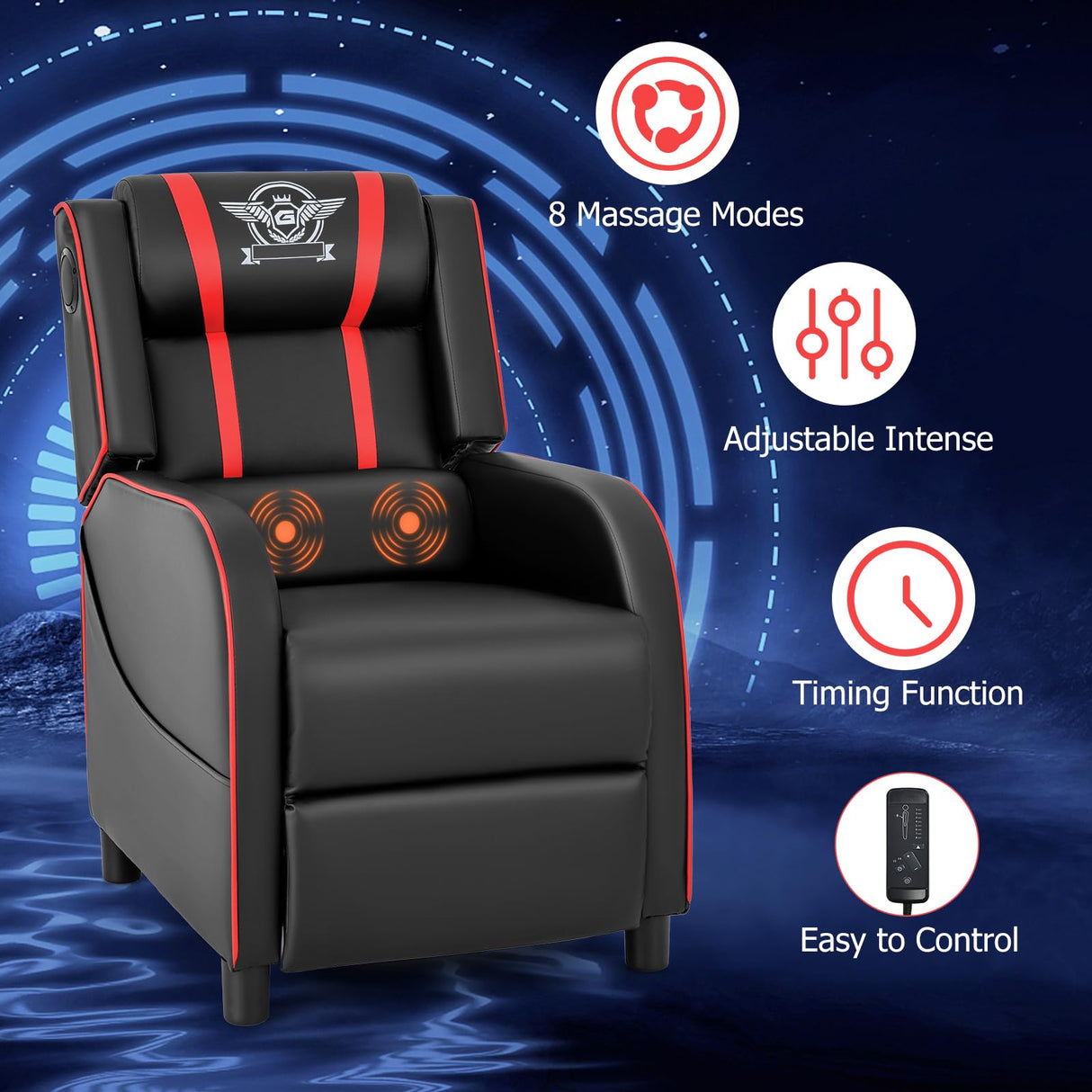 Giantex Gaming Massage Recliner Chair - Racing Style Gaming Sofa Chair with Reclining Backrest, Massage Lumbar Pillow, Retractable Footrest, Home Theater Seating with Bluetooth Speaker (Red) Giantex
