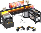 ODK 75" Reversible L Shaped Desk with LED Lighting, Power Outlet, and Ample Storage Solutions in Black ODK