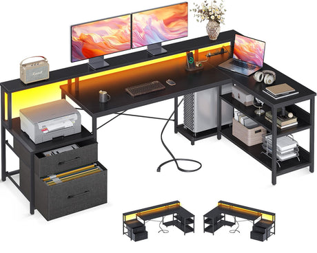 ODK 75" Reversible L Shaped Desk with LED Lighting, Power Outlet, and Ample Storage Solutions in Black ODK