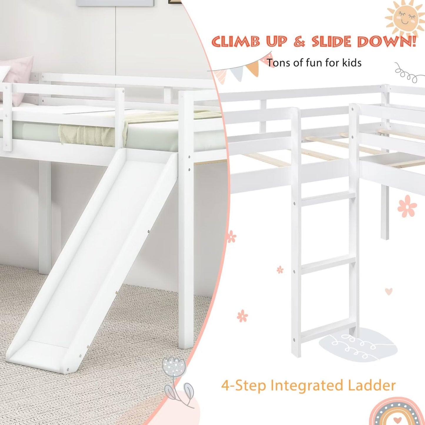 Merax Wooden Twin Size Double Loft Bed with Slide and Ladder, L-Shaped Bed Frame with Full-Length Guardrail, Wood Bedframe for Kids Teens Adults Bedroom, 2 Twin Beds,White