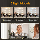 Fameill Corner Vanity Desk with Tri-Fold Mirror and Adjustable Light, Makeup Dressing Table with Power Outlet, 3 Drawers, Sliding Cabinet, Open Shelves, White Vanity Desk for Bedroom, Women, and Girls Fameill