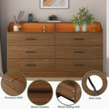 Gyfimoie 6 Drawer Dresser with Power Outlet, Chest of Drawers with LED Light, Modern Dresser with Open Storage Cubby, Double Wide Dressers Organizer for Bedroom, Living Room, Entryway,Hallway Gyfimoie