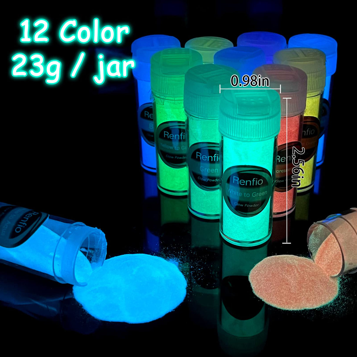 Renfio 12 Colors Glow in The Dark Powder Set, 9.86oz 276g Resin Luminous Pigment Powders Glowing Mica Powder Glow Paint Dyes for Epoxy Resin Supplies, Acrylic Paint, Nail Art, DIY Crafts, Slime Renfio