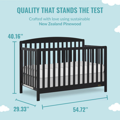 Dream On Me JPMA & Greenguard Gold Certified Odelle 5 in 1 Convertible Crib in Matte Black, Built of Sustainable Pinewood, 3 Mattress Height Settings, Non-Toxic Water-Based Paint Finish