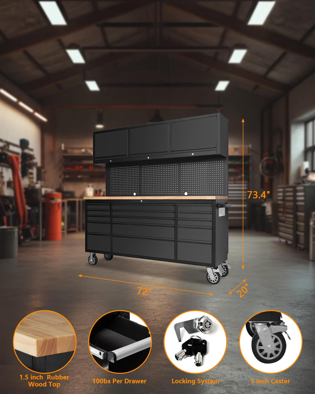 Elementool 72-Inch Heavy-Duty Rolling Garage Workbench with 15 Drawers, 3 Cabinets, Wheels & Pegboard - Steel Frame Tool Chest Storage Solution for Mechanics Workshop Organization, Matte Black Elementool
