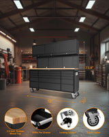 Elementool 72-Inch Heavy-Duty Rolling Garage Workbench with 15 Drawers, 3 Cabinets, Wheels & Pegboard - Steel Frame Tool Chest Storage Solution for Mechanics Workshop Organization, Matte Black Elementool