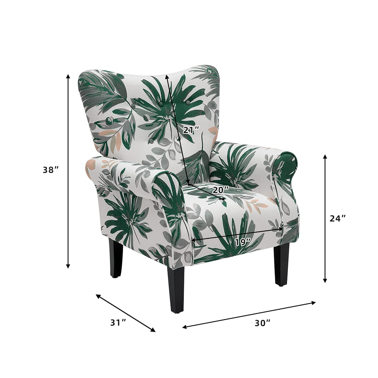 YOLENY Mid Century Wingback Arm Chair,Modern Upholstered Fabric High Back Accent Chair with Wood Legs,Upholstered Single Sofa Club Chair for Living Room, Bedroom, Home Office, Green Leaves YOLENY