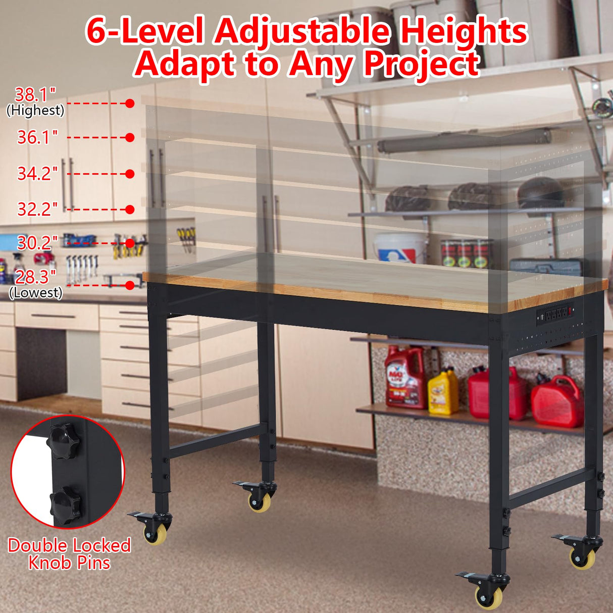 EuKer Workbench 72x25 Inch, Adjustable Height Worktable for Garage, Rubber Wood Top & Cold-Rolled Steel Table Workbench, Heavy Duty Workstation with Power Outlets & Wheels, 2000 Lbs Load Capacity Euker