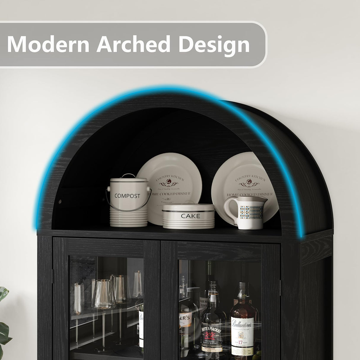 Furniouse 70.2" Farmhouse Tall Arched Storage Cabinet with Glass Doors, Black Arched Freestanding Storage Cabinet Decent Cabinet for Kitchen Pantry, Dining Room Furniouse