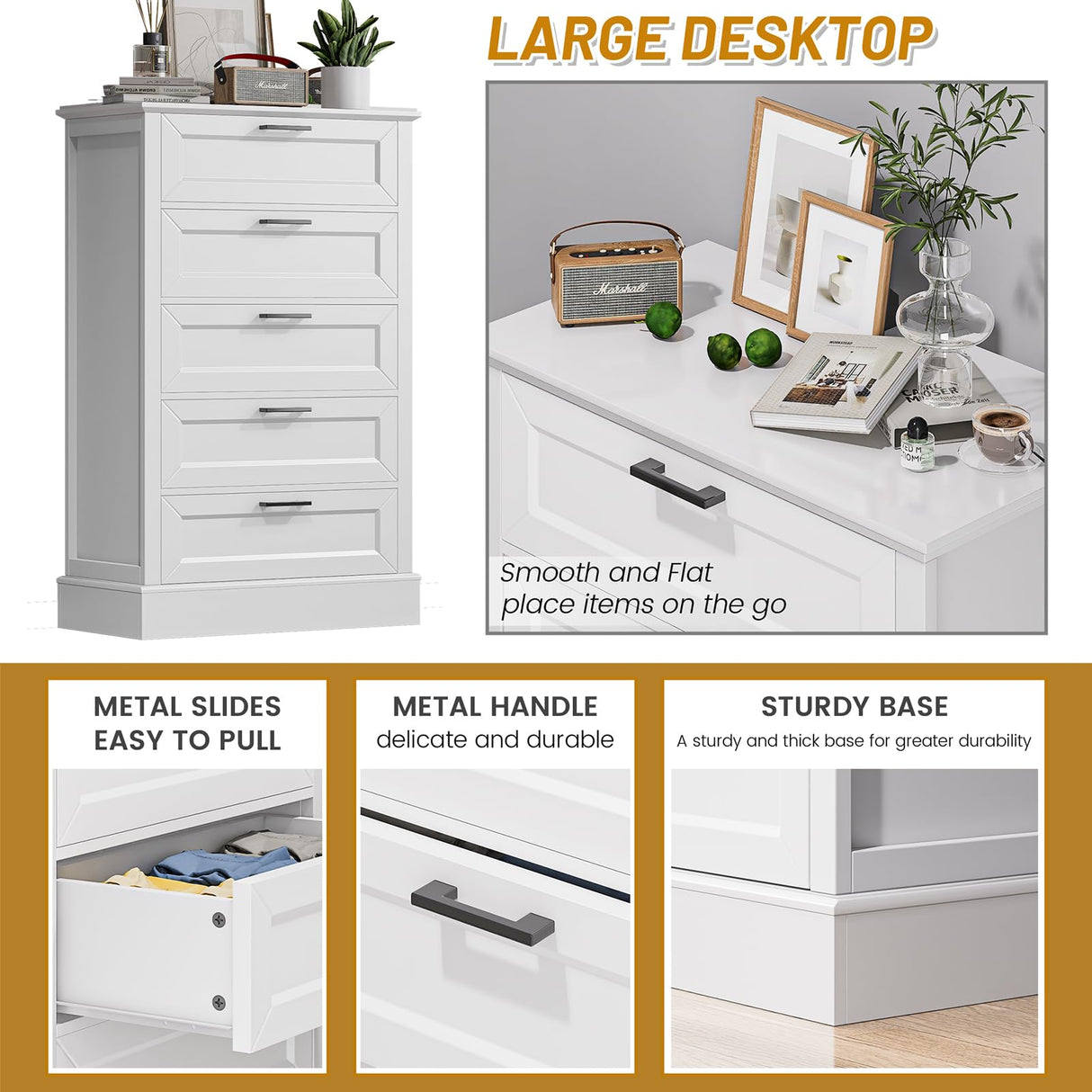 ZLWJGY White Dresser for Bedroom, Wood Dresser with 5 Drawers, Chest of Drawer for Bedroom Living Room Entryway Hallway, Modern Farmhouse Style Black Handles 47" Tall ZLWJGY