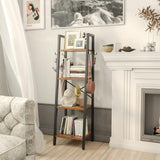 YMYNY 4 Tiers Ladder Bookcase, Industrial Narrow Bookshelf, Open Display Rack with 4 S Hooks, Metal Storage Shelves for Bedroom, Home Office, Living Room, Rustic Brown, 49.2H*13.4L*11.8W, UHBC024H YMYNY