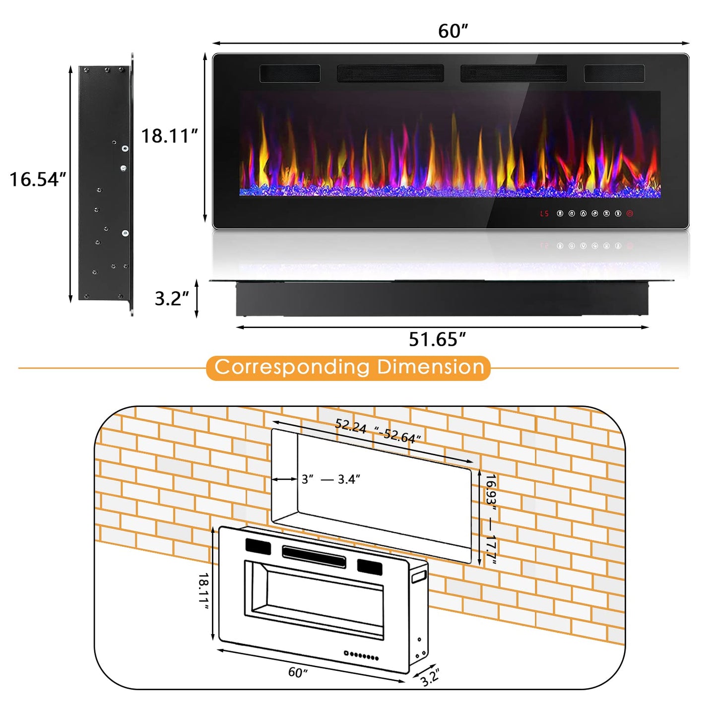 LEMBERI 60 inch Electric Fireplace Recessed and Wall Mounted,750/1500W Fireplace Heater and Linear Fireplace with Touch Screen Control Panel, Timer,Remote Control,Adjustable Flame Color and Speed