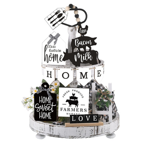 FairySandy Set of 11 Christmas Farmhouse Tiered Tray Decor Rustic Home Tiered Tray Decorations Set Home Wooden Signs Vintage Farm Animal Farmhouse Tabletop Wood Signs for Kitchen Table Shelf Decor FairySandy