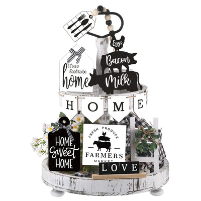 FairySandy Set of 11 Christmas Farmhouse Tiered Tray Decor Rustic Home Tiered Tray Decorations Set Home Wooden Signs Vintage Farm Animal Farmhouse Tabletop Wood Signs for Kitchen Table Shelf Decor