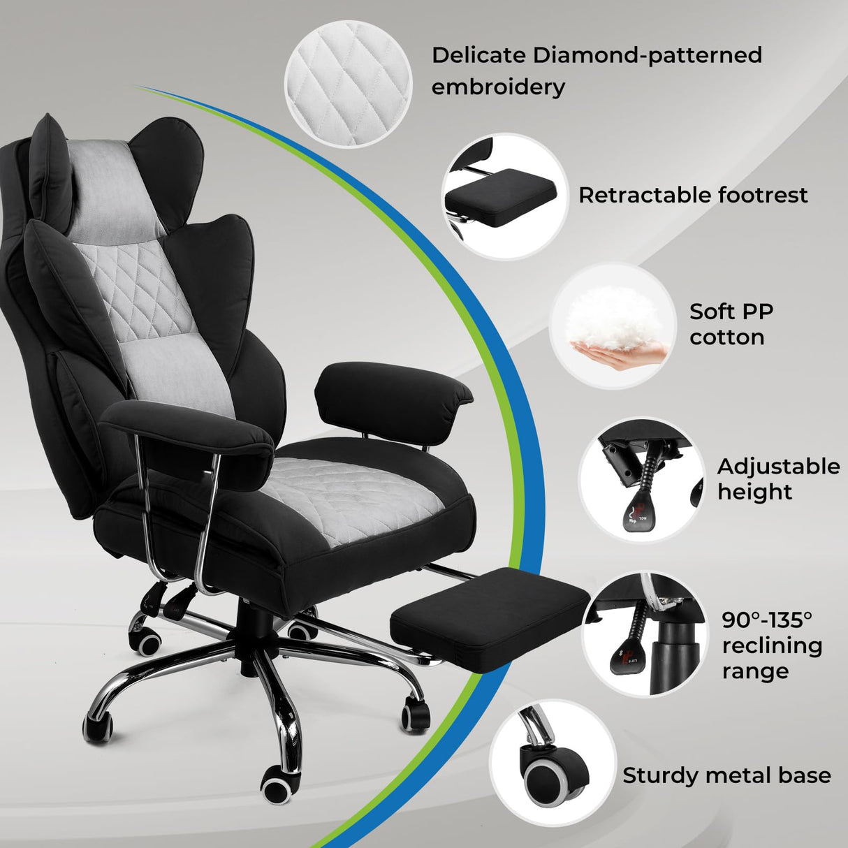 GTRACING Gaming Chair,Office Chair with Pocket Spring Lumbar Support, Ergonomic Comfortable Wide Office Desk Computer Chair with Outward Fixed Soft Armrests and Footrest (Fabric, Black & Gray) GTRACING