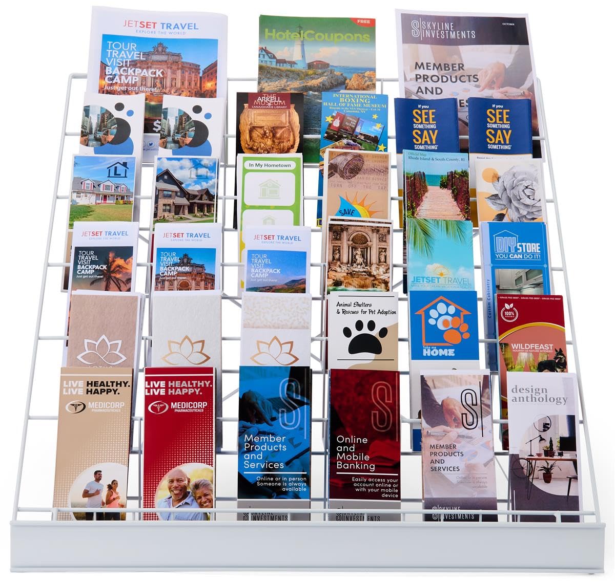 Displays2go 6-Tier Wire Countertop Rack for Literature, Open Shelving Accommodates a Variety of Items, Small Sign Channel - White Displays2go