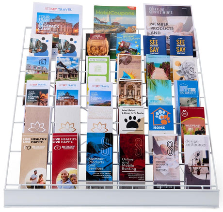 Displays2go 6-Tier Wire Countertop Rack for Literature, Open Shelving Accommodates a Variety of Items, Small Sign Channel - White Displays2go
