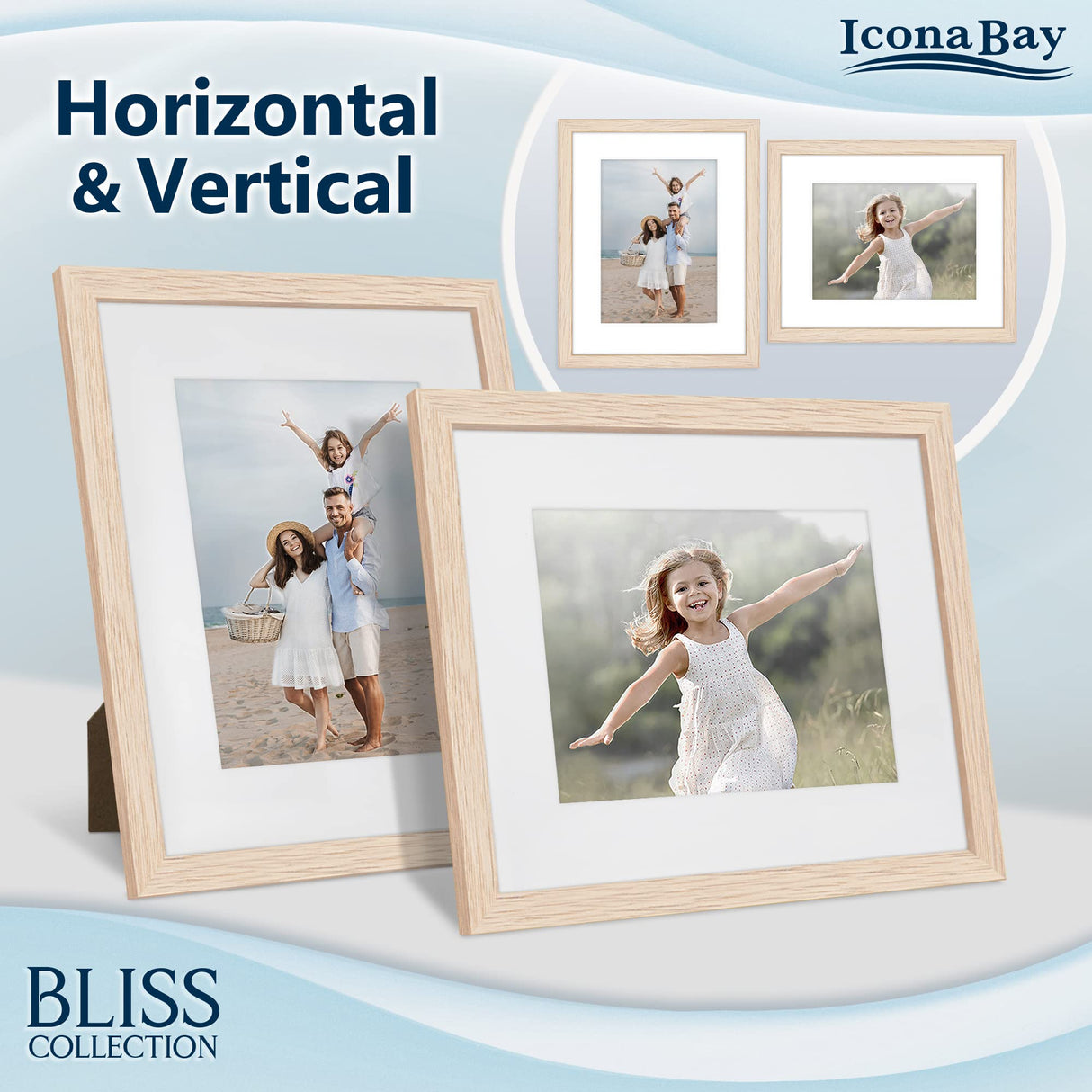 Icona Bay 8x10 Light Oak Picture Frame with Removable Mat for 5x7 Photo, Modern Style Wood Composite Frame, Table Top or Wall Mount, Bliss Collection Icona Bay