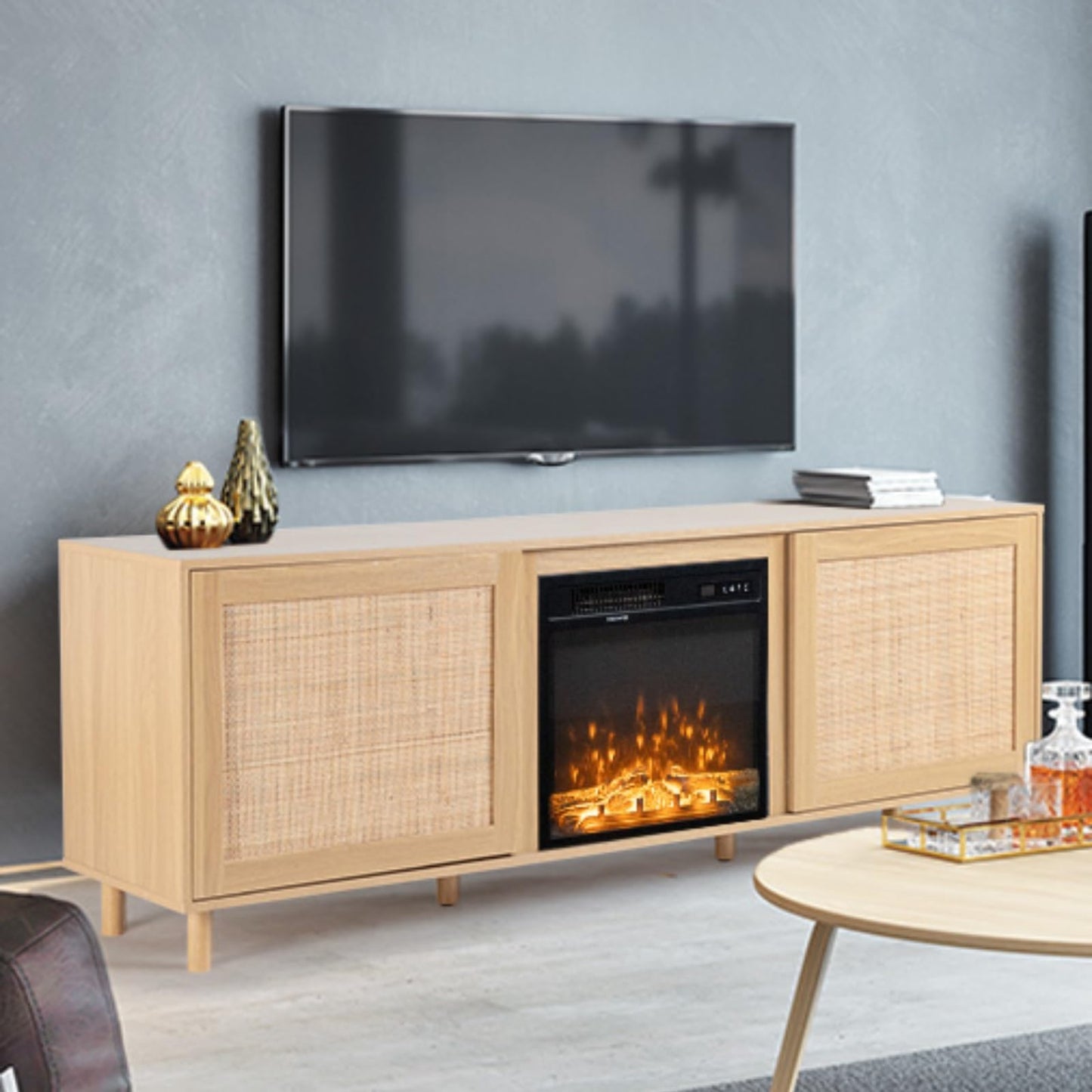 VINGLI Fireplace TV Stand for TVs Up to 75 inch, Rattan TV Stand with Electric Fireplace, Boho Modern Entertainment Center (70" x 24" x 14‘’, Oak, Comes in 2 Boxes)