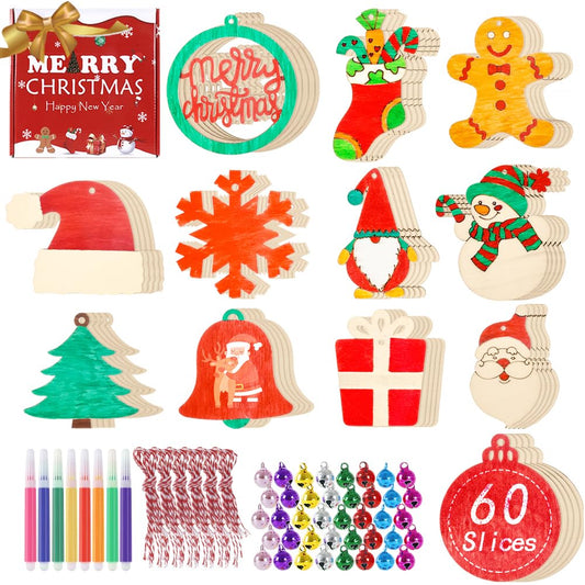 Wortade 60pcs Wooden Christmas Ornaments, Unfinished Wood Ornaments with 12 Styles, DIY Christmas Ornaments Kits with Bells, Colored Pens and Ropes, Unfinished Wood Crafts for Kids and Adults