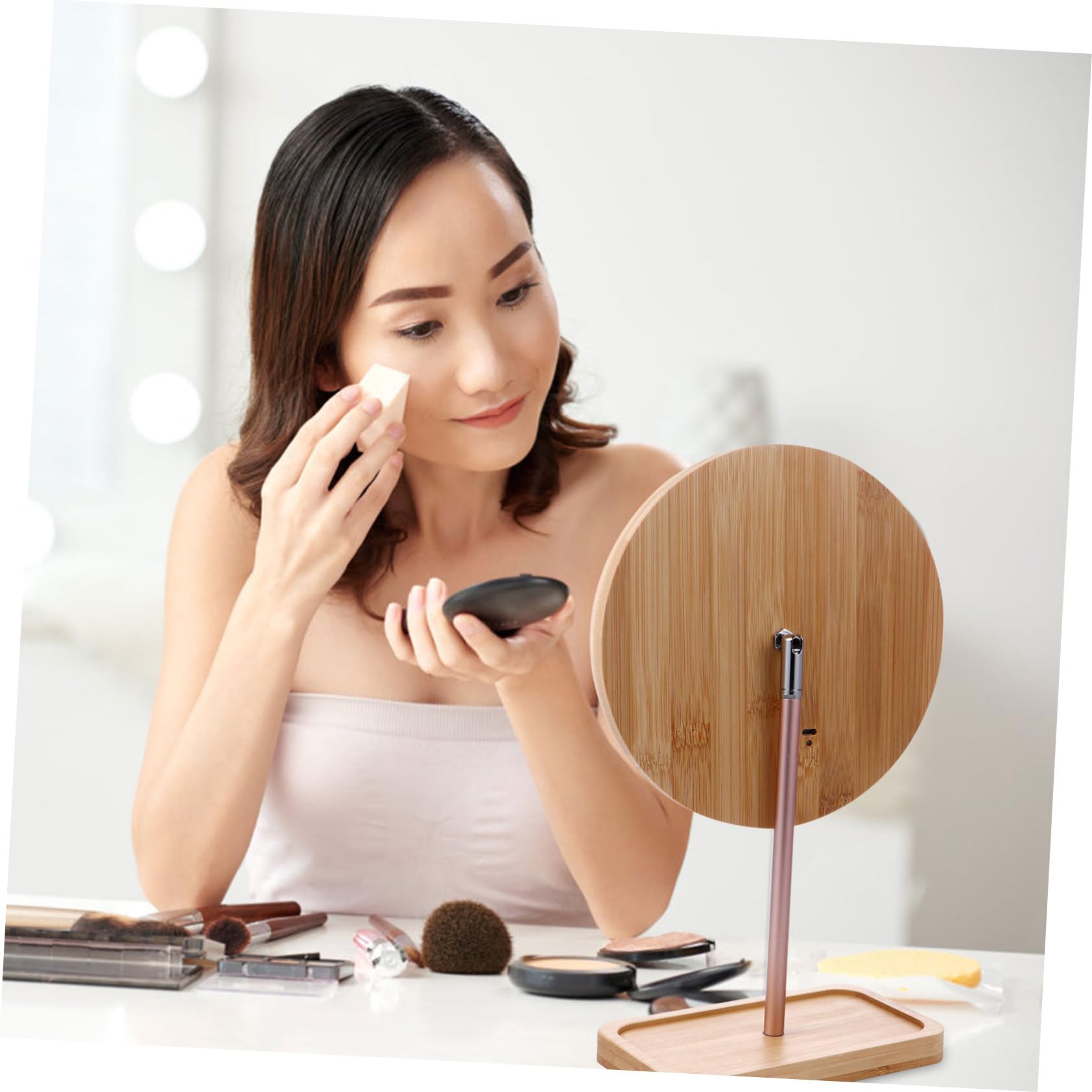 Beatifufu 1pc Wooden Desk Mirror Wooden Makeup Mirror Tabletop Makeup Mirror Travel Vanity Mirror Round Dining Table Vanity Mirror with Lights Mirror for Dresser Led Makeup Mirror - WoodArtSupply