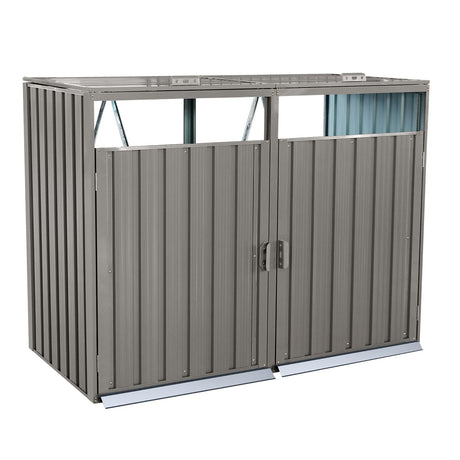 Outdoor Trash Can Storage, Storage Shed for 2 Trash cans and Tools,Waterproof Garbage Bin shed,Metal Trash Can Storage Shed Outdoor for Garden Yard(Light Grey-2 Doors) IMagacFun