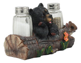 Ebros Black Baby Bear Cub Sitting In Log With Squirrel Salt And Pepper Shakers Holder Statue 6.75"Long Cabin Lodge Whimsical Bear Dining Table Centerpiece Ebros Gift