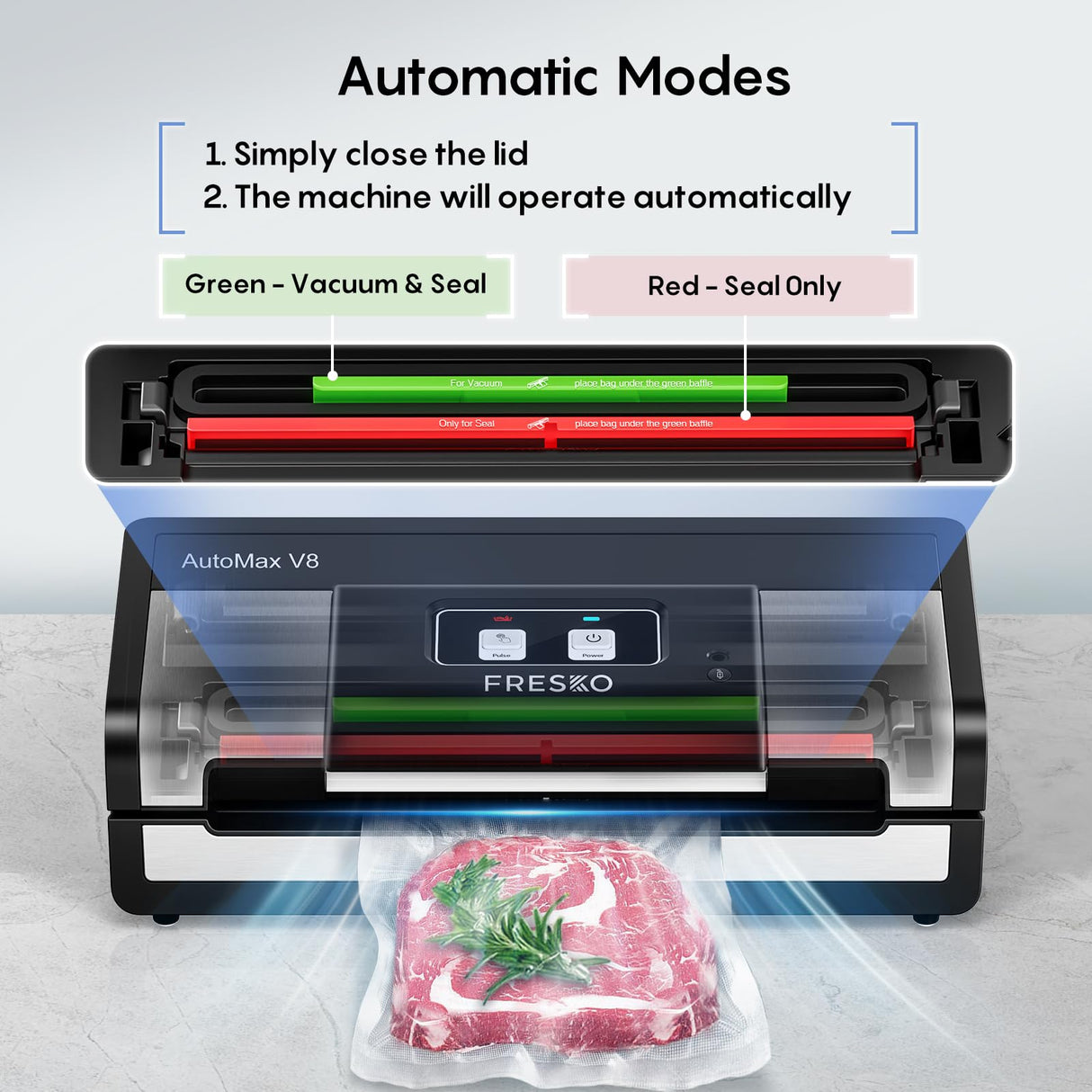 Fully Automatic Vacuum Sealer-Effortless Operation, 95Kpa Powerful Food Vacuum Sealer Machine with 2 Rolls Bags, Dry & Wet/Bag Cutter/External Vacuum, Silver Black FRESKO