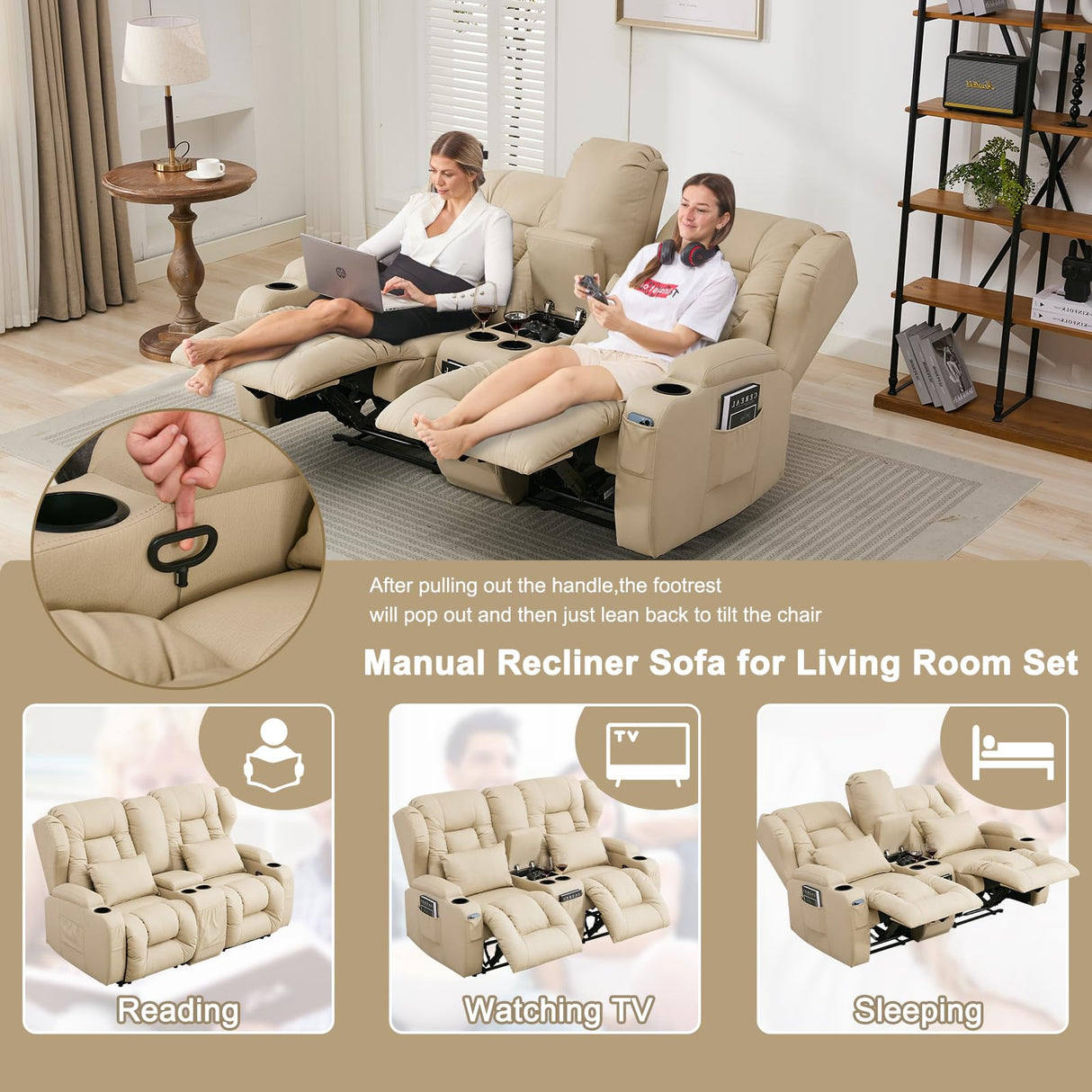 SAMERY 65.5" RV Loveseat Recliner Double Recliner RV Sofa & Console | Wall Hugger Loveseat Reclining RV | RV Theater Seats | RV Couch | RV Home Theater Seating Furniture (Fabric Beige) SAMERY