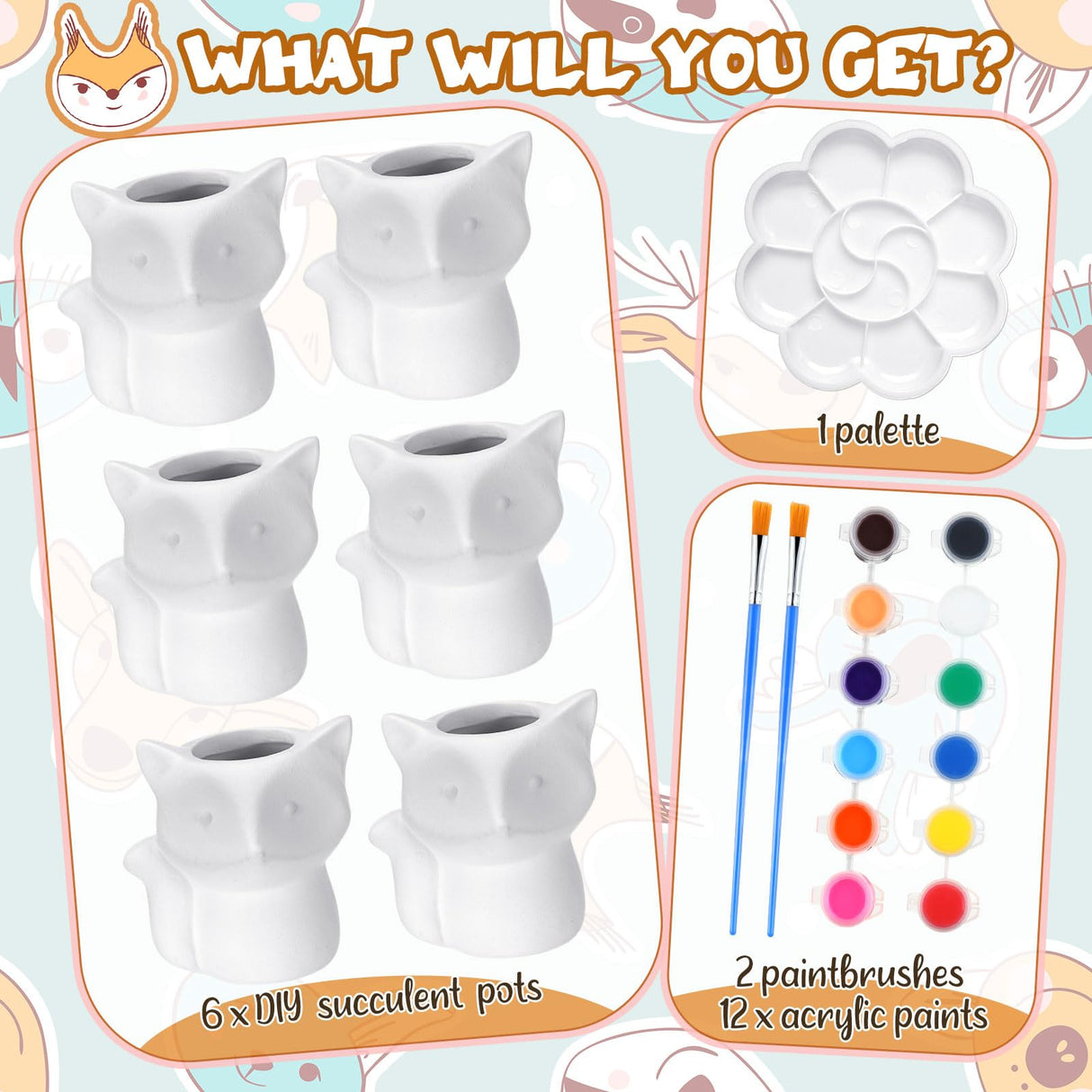Pasimy 6 Set DIY Ceramic Succulent Planter Pots Paint Your Own Flower Pots Craft Kit Unpainted Bisque Paintable Flowerpot with Brush Palette Ready to Paint for Family Activity Gift(Fox) Pasimy
