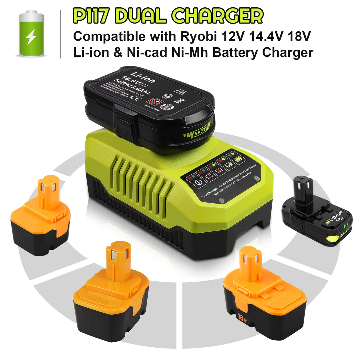 2-Pack 3.0Ah Replacement Battery and Charger Compatible with Ryobi 18V Lithium Battery P102 P103 P104 P105 P107 P109 P108 P190 P122 Boetpcr