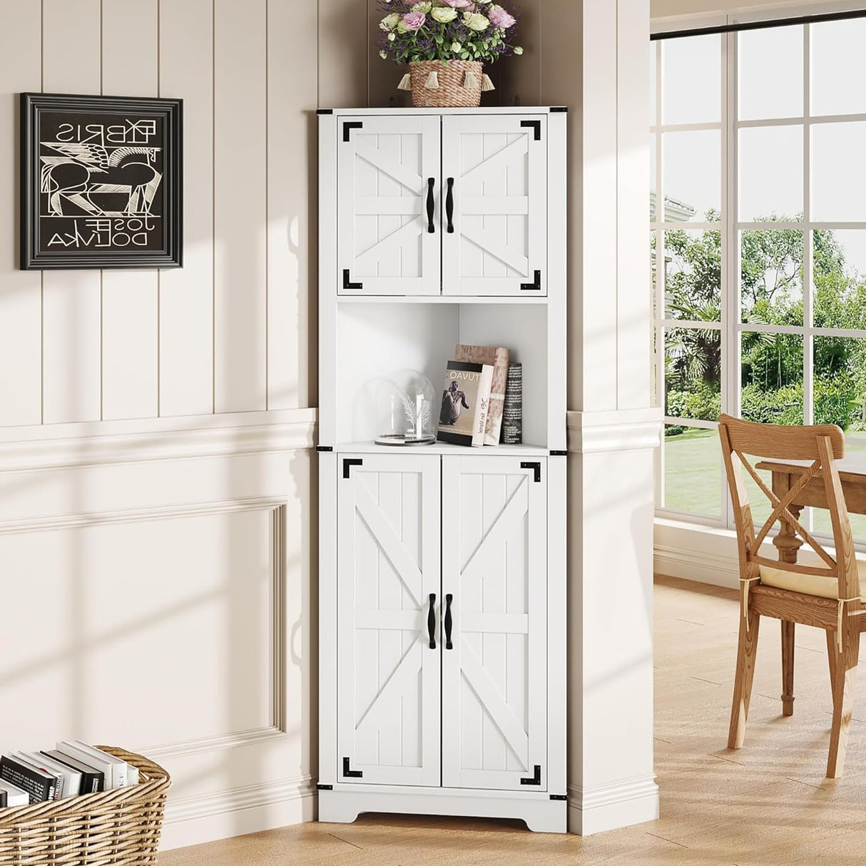 Maupvit 68" Tall Corner Cabinet with 4 Barn Doors & Adjustable Shelves, Farmhouse Bathroom Cabinet with Storage, Home Space Saver Corner Display Shelves for Living Room, Kitchen, Bathroom, White Maupvit