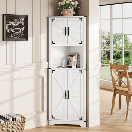 Maupvit 68" Tall Corner Cabinet with 4 Barn Doors & Adjustable Shelves, Farmhouse Bathroom Cabinet with Storage, Home Space Saver Corner Display Shelves for Living Room, Kitchen, Bathroom, White Maupvit