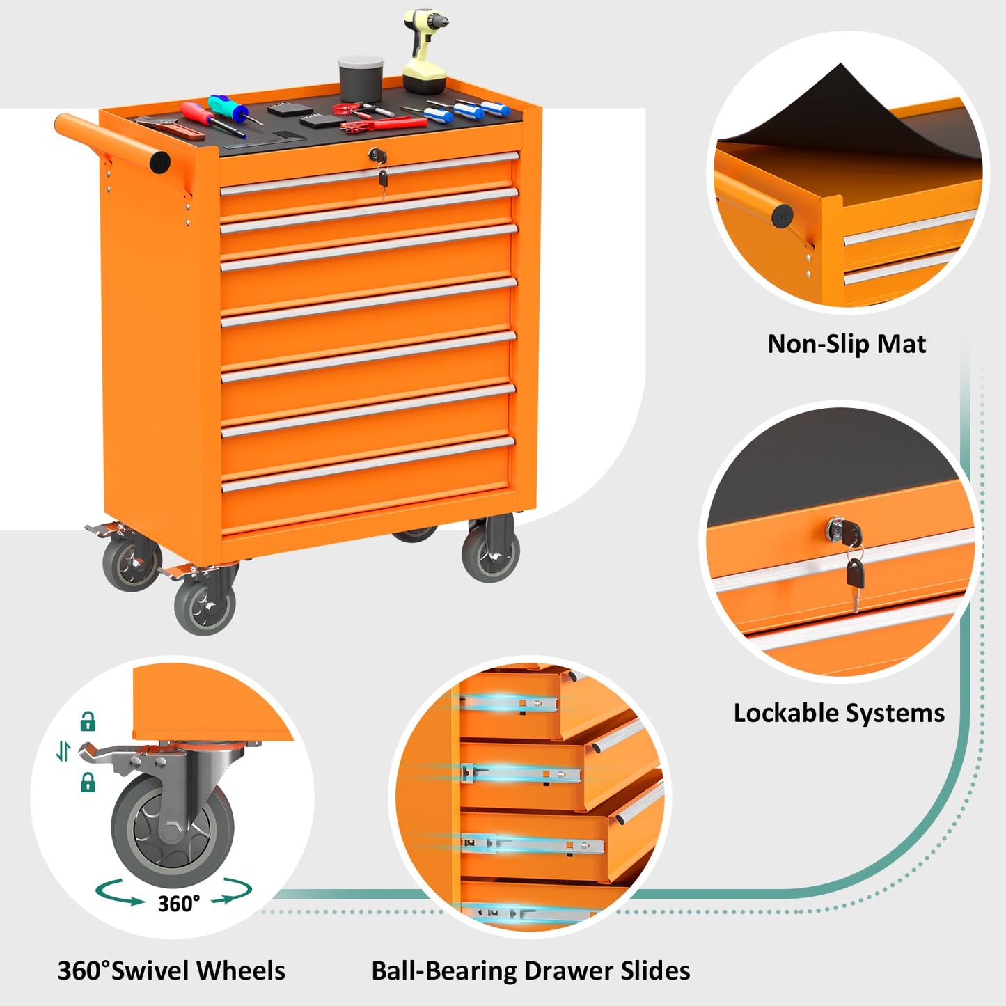 DUSACOM 7-Drawer Rolling Tool Chest Toolbox, Rolling Tool Box with Wheels, Tool Chest with Keyed Locking System and Drawer Liners, Tool Box Organizer for Garage, Warehouse, Workshop(Orange) - WoodArtSupply