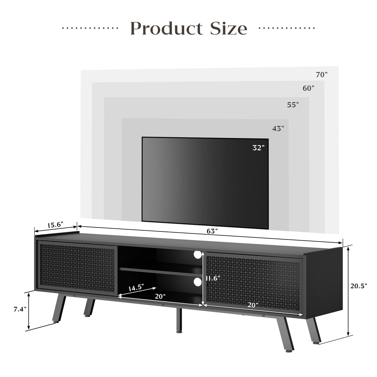 Buytime Black TV Stand for 65 70 Inch TV, Modern Iron Rattan TV Console with Sliding Door, Entertainment Center with Storage and Adjustable Shelves, Media Console for Living Room and Bedroom