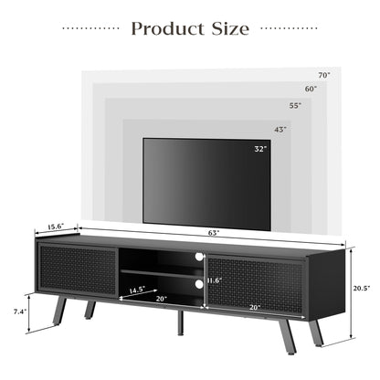 Buytime Black TV Stand for 65 70 Inch TV, Modern Iron Rattan TV Console with Sliding Door, Entertainment Center with Storage and Adjustable Shelves, Media Console for Living Room and Bedroom