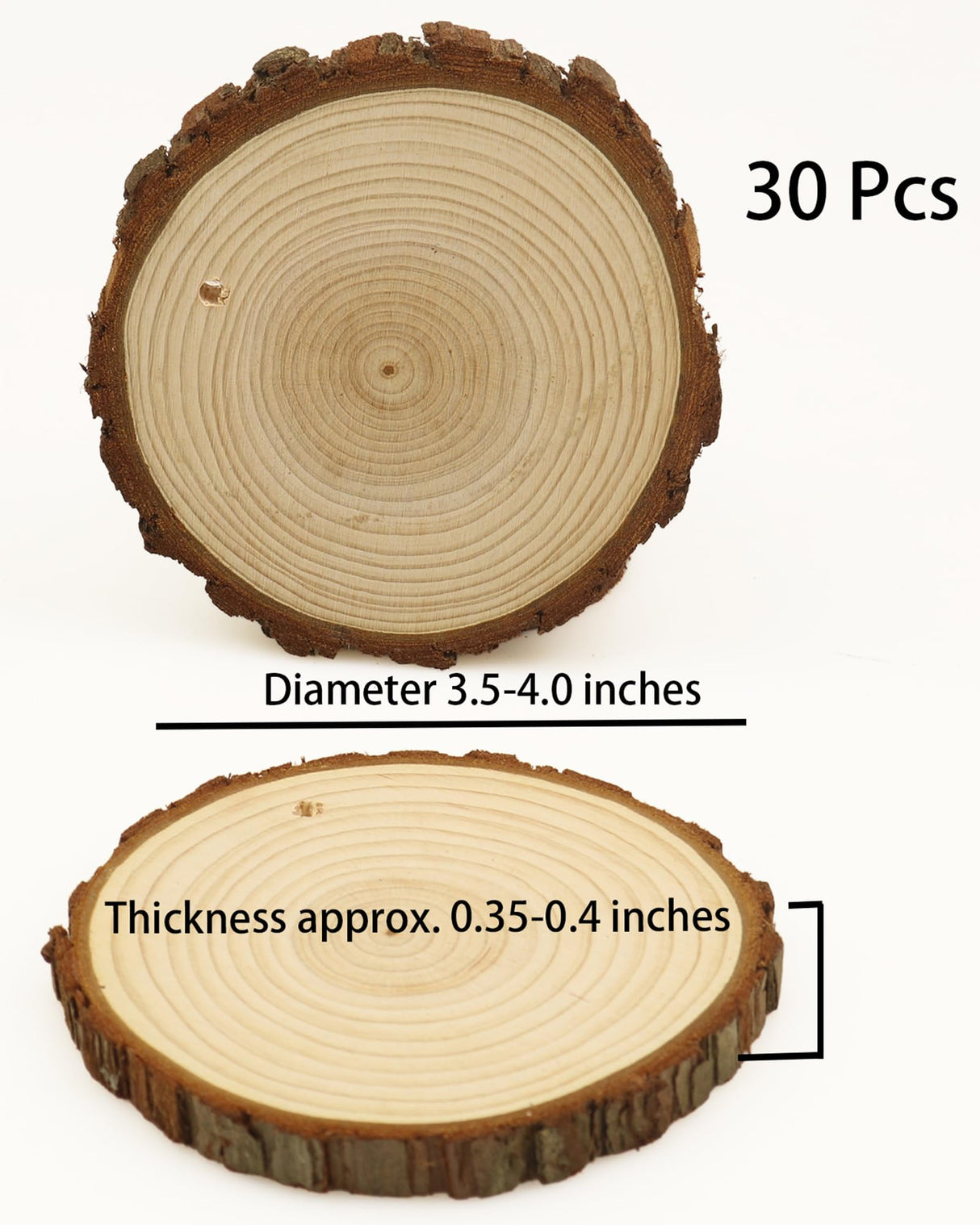 Natural Wood Slices 30 Pcs 3.5-4 Inches Craft Unfinished Wood Kit Predrilled Wooden Rounds with Bark, Wood Circles with Hole, Wood Slices for Crafts Ideal for DIY Projects, Christmas Ornaments ASSIRES