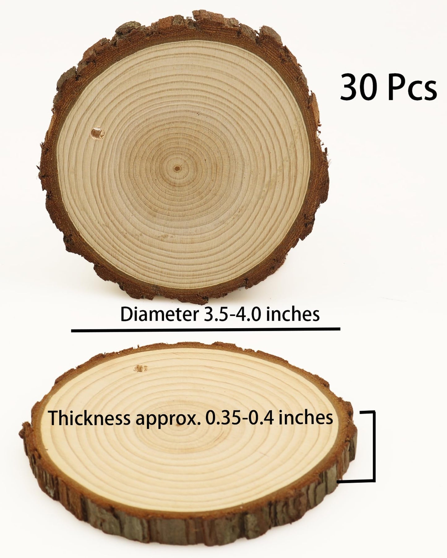 Natural Wood Slices 30 Pcs 3.5-4 Inches Craft Unfinished Wood Kit Predrilled Wooden Rounds with Bark, Wood Circles with Hole, Wood Slices for Crafts Ideal for DIY Projects, Christmas Ornaments