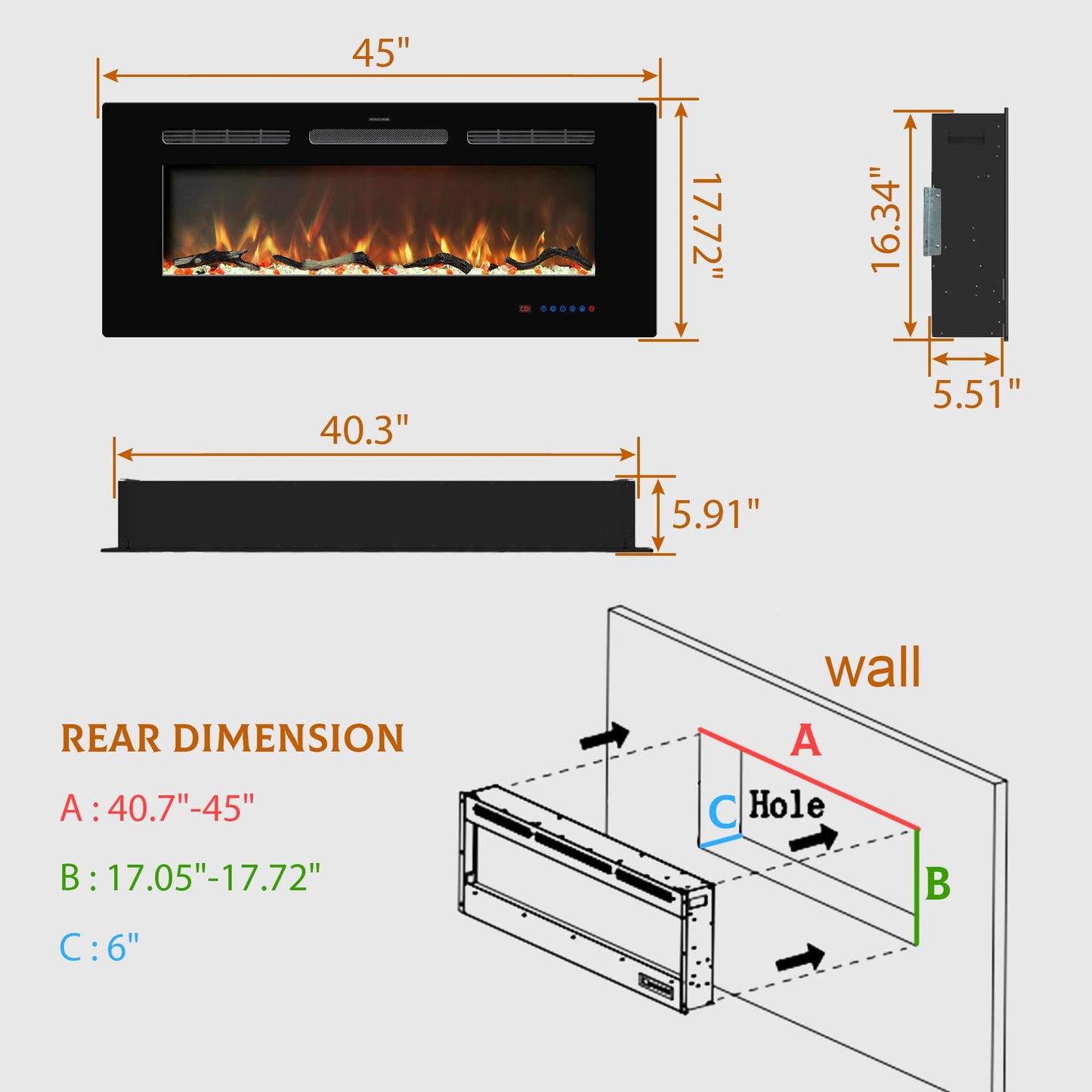 Kentsky 45 inches Electric Fireplace Inserts, Recessed and Wall Mounted Fireplace Heater, Linear Fireplace w/Thermostat, Remote & Touch Screen, Multicolor Flame, Timer, Log & Crystal, 750W/1500W