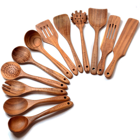 Wooden Spoons for Cooking,12 Pack Wooden Utensils for Cooking Wooden Kitchen Utensils Set Wooden Cooking Utensils Natural Teak Wooden Spatulas for Cooking BOKALAKA