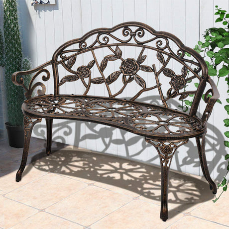 Patio Garden Bench Outdoor Metal Rose Loveseat,39in Cast Iron Well-Crafted Floral Back Antique Finish Park Chair,Accented Lawn Front Porch Path Yard Bronze Decor Deck Furniture for 2|Easy Assembly Meet perfect