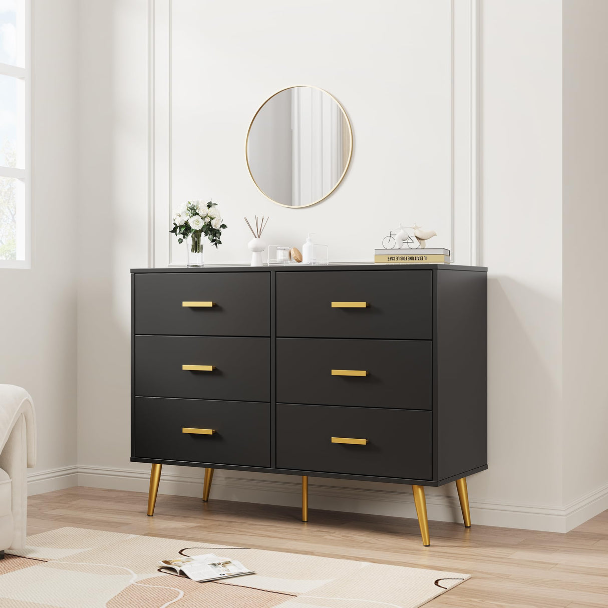 GarveeHome 6 Drawer Dresser, Modern Wooden Dresser with Gold Handles and Storage Space, Chest of Drawers for Bedroom, Hallway, Living Room and Entryway, Black GarveeHome